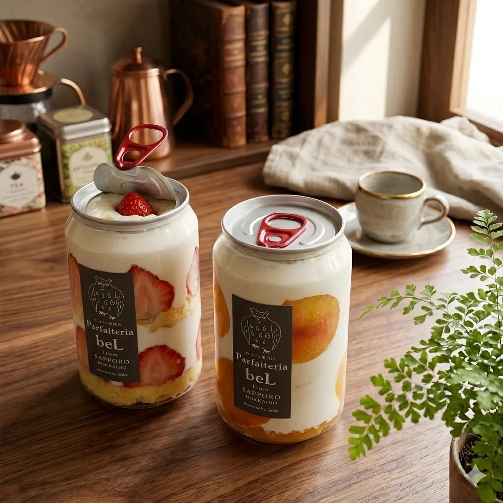 Layered parfait dessert in a clear PET can showing distinct layers