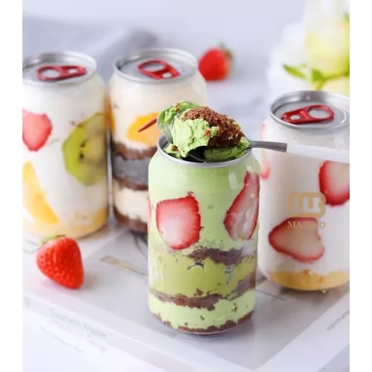 Transparent PET cake cans filled with layered mousse cake and fruit, with easy-open lids