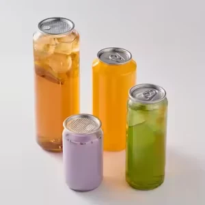 Clear transparent PET plastic cans with aluminum easy-open lids in multiple colors